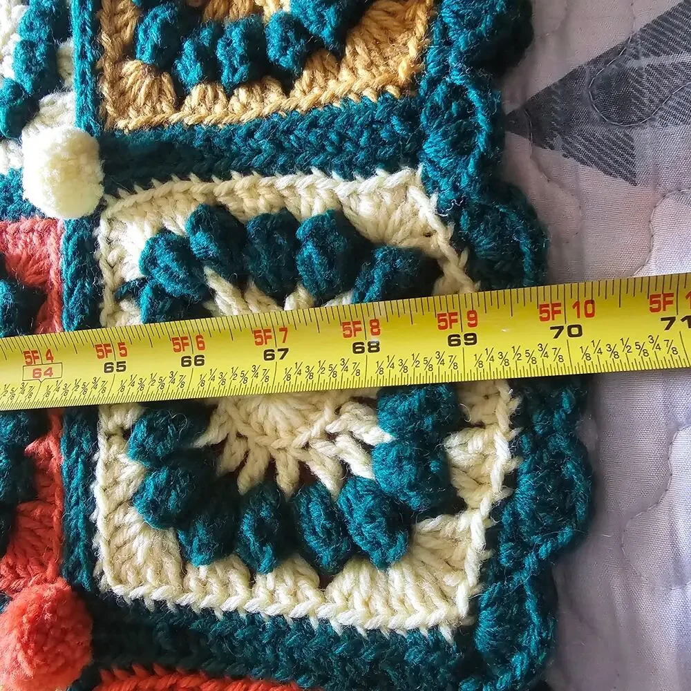 GRANNY SQUARE AFGHAN 4' x 6' Crochet Colorful Puff Balls Scalloped Edge GIFT